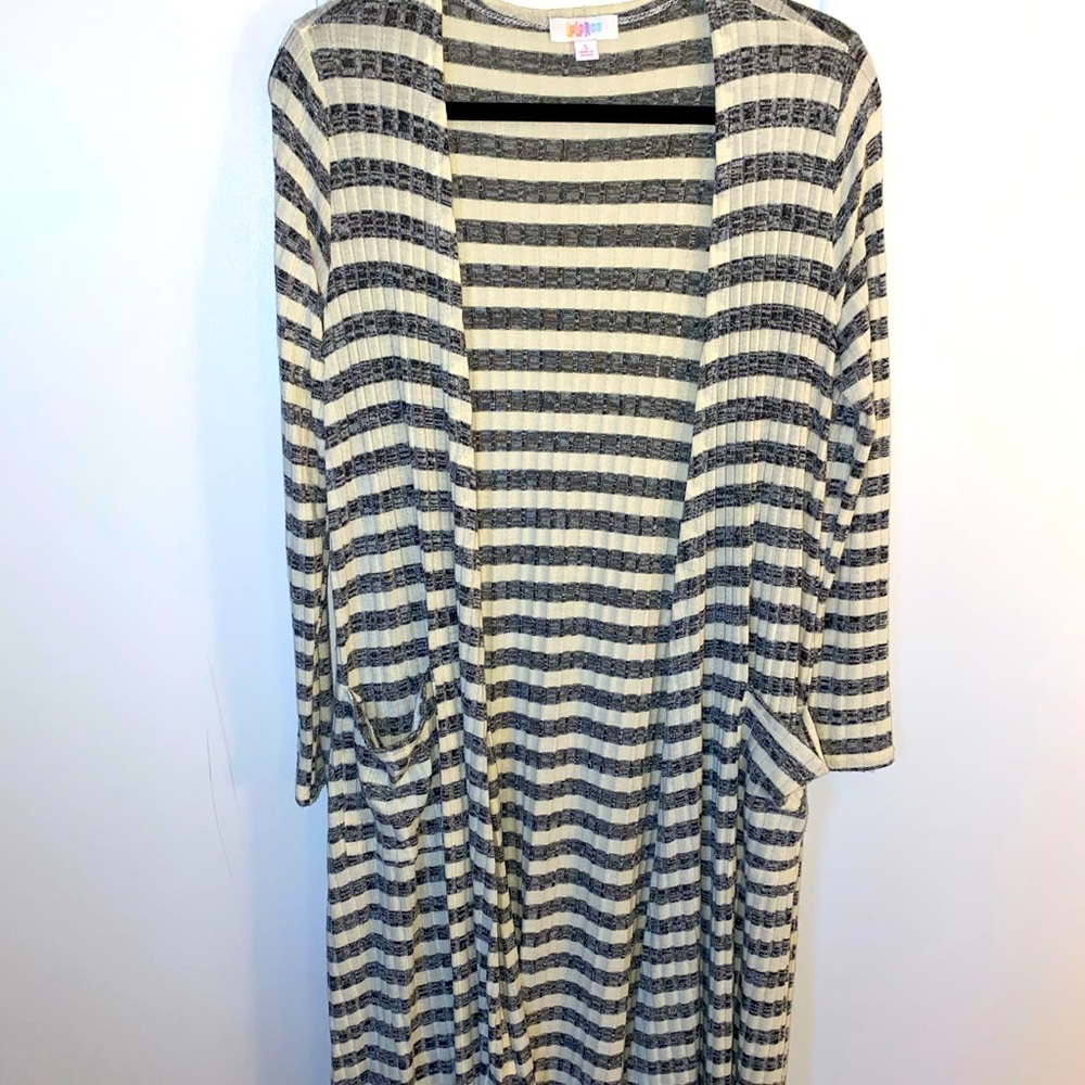 Small grey and cream striped Lularoe Sarah duster cardigan